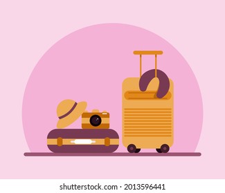Suitcase or luggage bag with camera,hat and pillow. Vacation concept. Cartoon vector style for your design. 