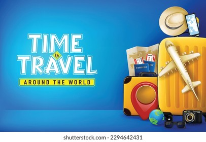 Suitcase and Luggage with Map and Globe Time to Travel Banner Design with Airplane and Passport on a Blue Background with Pin and Hat for Vacation Creative 3D Realistic Concept. Vector Illustration