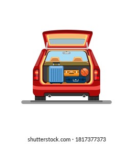 Suitcase luggage on trunk car. holiday vacation ride car symbol in cartoon illustration vector on white background