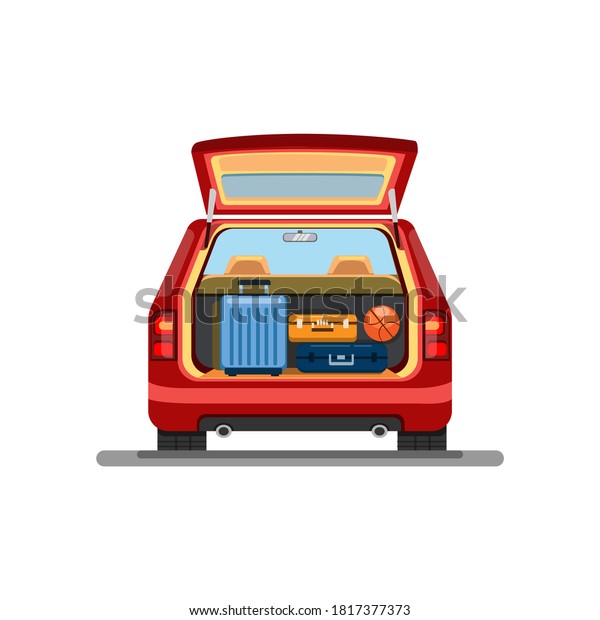 Suitcase luggage\
on trunk car. holiday vacation ride car symbol in cartoon\
illustration vector on white\
background