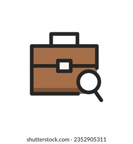 Suitcase with magnifier icon. Employment, recruitment, job hunting concepts. Colored outline vector design isolated illustration.