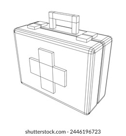 Suitcase of medical aid. Med kit symbol of emergency assistance with cross first aid equipment and treatment. Wireframe low poly mesh vector illustration