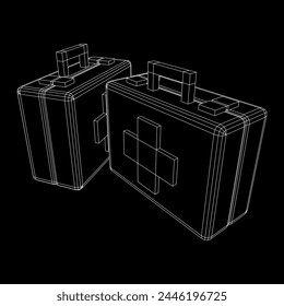 Suitcase of medical aid. Med kit symbol of emergency assistance with cross first aid equipment and treatment. Wireframe low poly mesh vector illustration