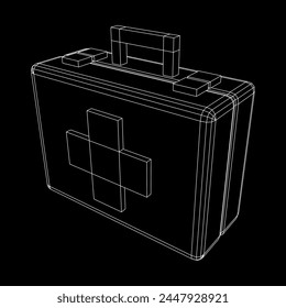 Suitcase of medical aid. Med kit symbol of emergency assistance with cross first aid equipment and treatment. Wireframe low poly mesh vector illustration