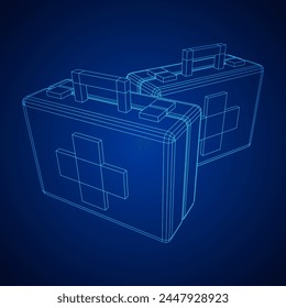 Suitcase of medical aid. Med kit symbol of emergency assistance with cross first aid equipment and treatment. Wireframe low poly mesh vector illustration