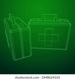 Suitcase of medical aid. Med kit symbol of emergency assistance with cross first aid equipment and treatment. Wireframe low poly mesh vector illustration