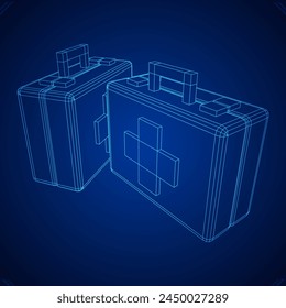 Koffer mit medizinischer Hilfe. Med-Kit-Symbol für Soforthilfe mit Erste-Hilfe-Ausrüstung und Behandlung. Drahtmodell-Vektorillustration mit niedrigem Polynetz