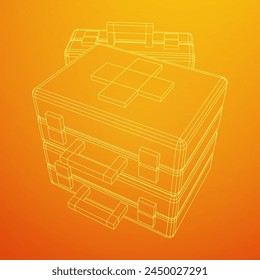 Suitcase of medical aid. Med kit symbol of emergency assistance with cross first aid equipment and treatment. Wireframe low poly mesh vector illustration