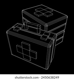 Suitcase of medical aid. Med kit symbol of emergency assistance with cross first aid equipment and treatment. Wireframe low poly mesh vector illustration