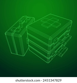 Suitcase of medical aid. Med kit symbol of emergency assistance with cross first aid equipment and treatment. Wireframe low poly mesh vector illustration