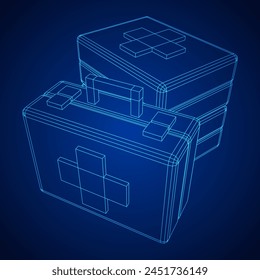 Suitcase of medical aid. Med kit symbol of emergency assistance with cross first aid equipment and treatment. Wireframe low poly mesh vector illustration
