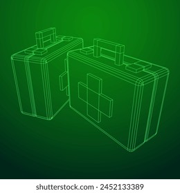 Suitcase of medical aid. Med kit symbol of emergency assistance with cross first aid equipment and treatment. Wireframe low poly mesh vector illustration