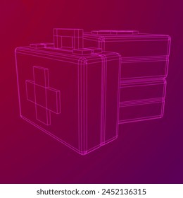 Suitcase of medical aid. Med kit symbol of emergency assistance with cross first aid equipment and treatment. Wireframe low poly mesh vector illustration