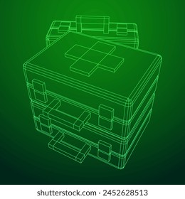 Suitcase of medical aid. Med kit symbol of emergency assistance with cross first aid equipment and treatment. Wireframe low poly mesh vector illustration