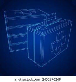 Suitcase of medical aid. Med kit symbol of emergency assistance with cross first aid equipment and treatment. Wireframe low poly mesh vector illustration