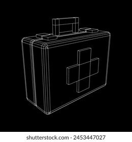 Suitcase of medical aid. Med kit symbol of emergency assistance with cross first aid equipment and treatment. Wireframe low poly mesh vector illustration