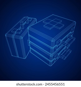 Suitcase of medical aid. Med kit symbol of emergency assistance with cross first aid equipment and treatment. Wireframe low poly mesh vector illustration