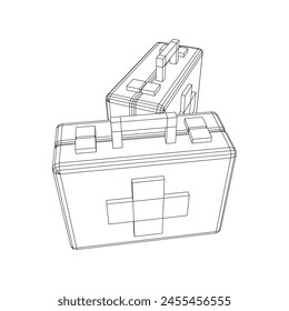 Suitcase of medical aid. Med kit symbol of emergency assistance with cross first aid equipment and treatment. Wireframe low poly mesh vector illustration