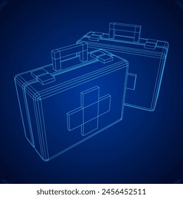 Suitcase of medical aid. Med kit symbol of emergency assistance with cross first aid equipment and treatment. Wireframe low poly mesh vector illustration