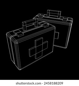 Suitcase of medical aid. Med kit symbol of emergency assistance with cross first aid equipment and treatment. Wireframe low poly mesh vector illustration