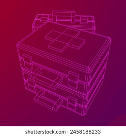 Suitcase of medical aid. Med kit symbol of emergency assistance with cross first aid equipment and treatment. Wireframe low poly mesh vector illustration