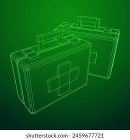 Suitcase of medical aid. Med kit symbol of emergency assistance with cross first aid equipment and treatment. Wireframe low poly mesh vector illustration
