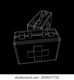 Suitcase of medical aid. Med kit symbol of emergency assistance with cross first aid equipment and treatment. Wireframe low poly mesh vector illustration