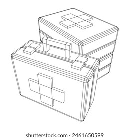Suitcase of medical aid. Med kit symbol of emergency assistance with cross first aid equipment and treatment. Wireframe low poly mesh vector illustration