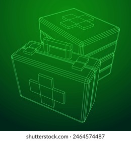 Suitcase of medical aid. Med kit symbol of emergency assistance with cross first aid equipment and treatment. Wireframe low poly mesh vector illustration
