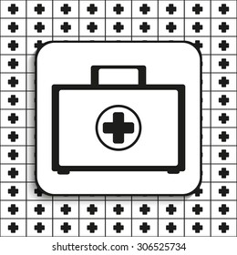 Suitcase with medications. First aid kit. Vector symbol. Black and white view