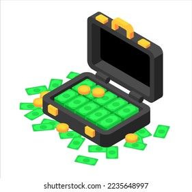 Suitcase of money. Flat, 3d, vector, isometric, cartoon style illustration isolated on white background