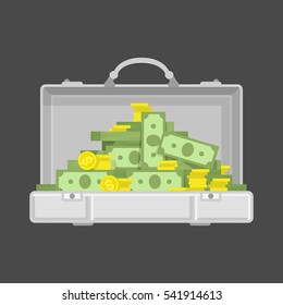Suitcase money and golden coins vector illustration in flat style. Case with dollars Money concept isolated on white background.