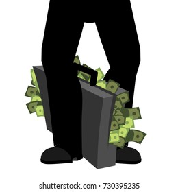 Suitcase of money and legs. To hide bribe. Case cash. Vector illustration

