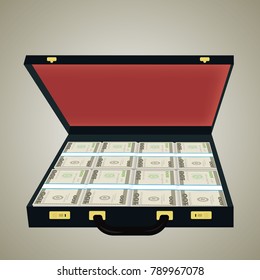 suitcase with money on a gray background