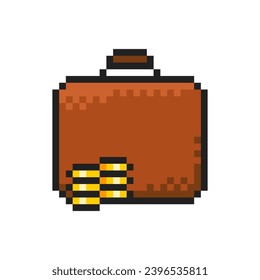 Suitcase with money, pixel art icon 8-bit sprite suitcase with money. Isolated vector illustration for pixel art games.