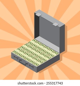 A suitcase of money, wads of dollars, isometric style