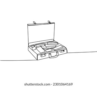 Suitcase with money, winnings, bribe, ransom money, cash, banknotes, dollars, hryvnia, euro one line art. Continuous line drawing of bank, money, finance, financial, payment, data, savings,