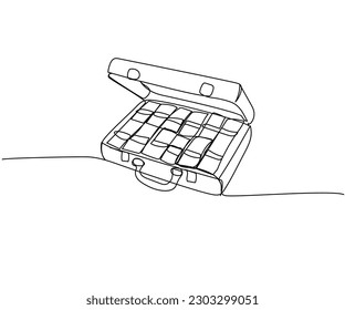 Suitcase with money, winnings, bribe, ransom money, cash, banknotes, dollars, hryvnia, euro one line art. Continuous line drawing of bank, money, finance, financial, payment, data, savings