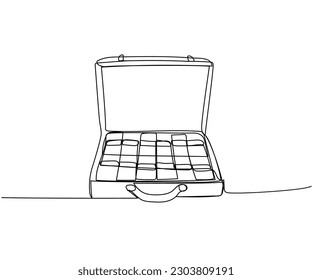 Suitcase with money, winnings, bribe, ransom money, cash, dollars, hryvnia, euro one line art. Continuous line drawing of bank, finance, financial, payment, data, savings, economic, wealth, credit