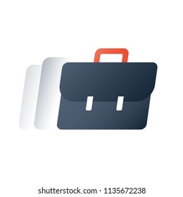 Suitcase in motion, corporate business service, financial solution, investment portfolio report, fund management, commerce concept, business training fast course, vector flat icon