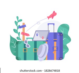 Suitcase, navigation and travel accessories. Travel illustration vector for landing page object