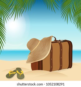 Suitcase on the beach. Vector illustration.