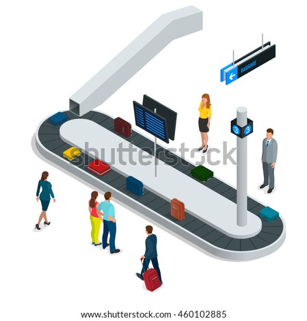 Suitcase on luggage conveyor belt in the baggage claim at airport. Flat 3d vector isometric illustration.