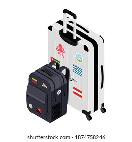Suitcase on wheels and backpack. Journeys. Impressions of new places. Baggage rules. Carry-on baggage. Advertising of a travel company.