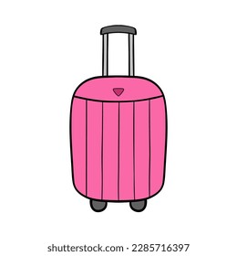 Suitcase on wheels. Cute pink suitcase. Travel luggage. Vector illustration in doodle style.
