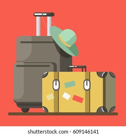 Suitcase on wheels with hat on it and old fashioned valise isolated on red background. Baggage ready for summer vacations abroad vector illustration. Heavy luggage for long journey in flat style