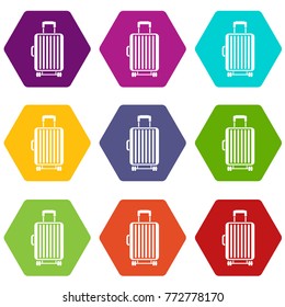 Suitcase on wheels icon set many color hexahedron isolated on white vector illustration
