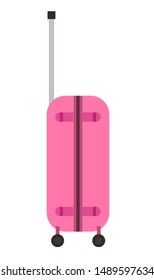 Suitcase on wheels, isolated object vector. Baggage or luggage, summer vacations abroad, journey or trip, leather bag with handle, pockets on zipper. Journey package, business travel bag. Flat cartoon