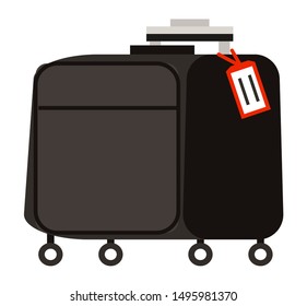 Suitcase on wheels, isolated object vector. Baggage or luggage, summer vacations abroad, journey or trip, leather bag with handle, pockets on zipper. Journey package, business travel bag. Flat cartoon