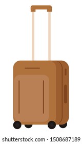 Suitcase on wheels, isolated object. Baggage or luggage, summer vacations abroad, journey or trip, leather bag with handle and pockets on zipper. Vector illustration in flat cartoon style